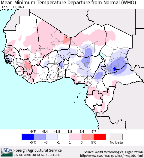 Western Africa Mean Minimum Temperature Departure from Normal (WMO) Thematic Map For 2/6/2023 - 2/12/2023