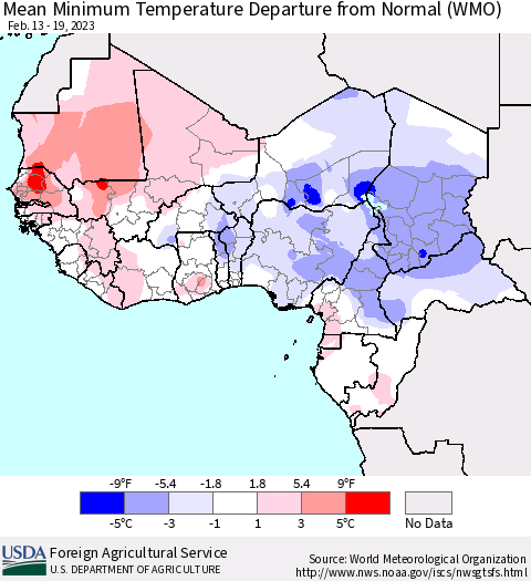 Western Africa Mean Minimum Temperature Departure from Normal (WMO) Thematic Map For 2/13/2023 - 2/19/2023