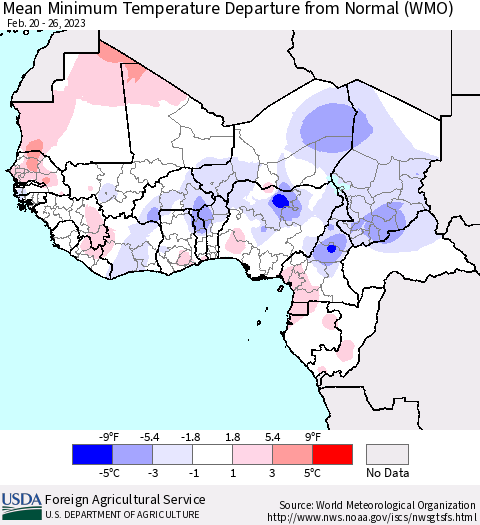 Western Africa Mean Minimum Temperature Departure from Normal (WMO) Thematic Map For 2/20/2023 - 2/26/2023