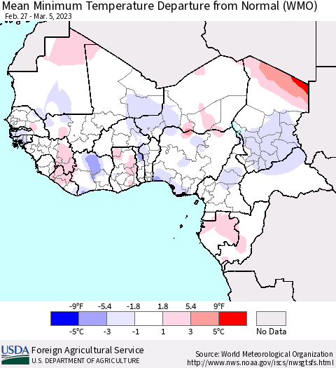 Western Africa Mean Minimum Temperature Departure from Normal (WMO) Thematic Map For 2/27/2023 - 3/5/2023