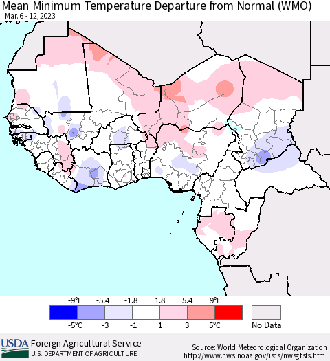 Western Africa Mean Minimum Temperature Departure from Normal (WMO) Thematic Map For 3/6/2023 - 3/12/2023