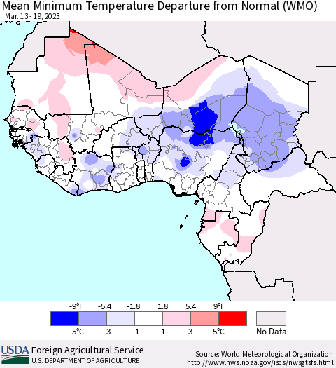 Western Africa Mean Minimum Temperature Departure from Normal (WMO) Thematic Map For 3/13/2023 - 3/19/2023