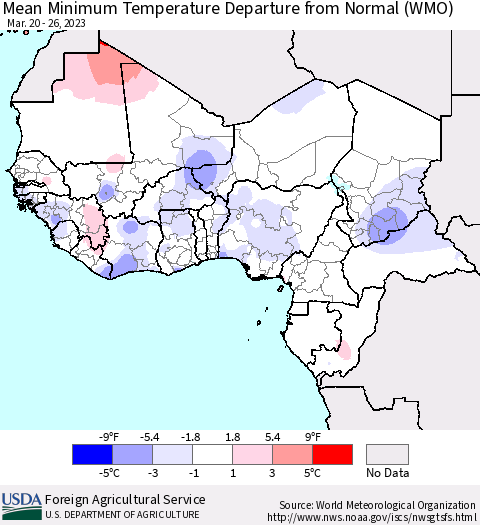 Western Africa Mean Minimum Temperature Departure from Normal (WMO) Thematic Map For 3/20/2023 - 3/26/2023