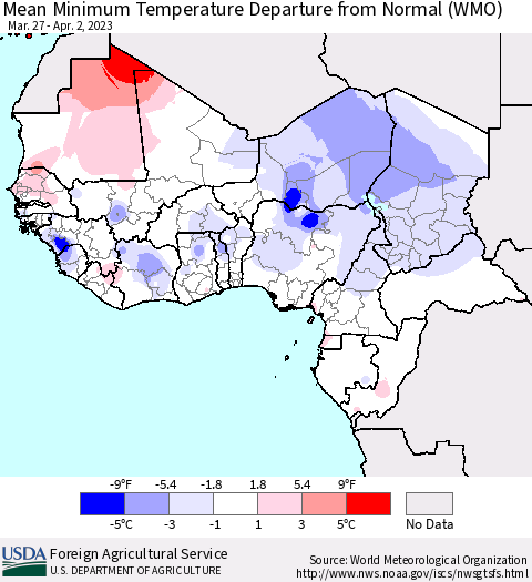 Western Africa Mean Minimum Temperature Departure from Normal (WMO) Thematic Map For 3/27/2023 - 4/2/2023