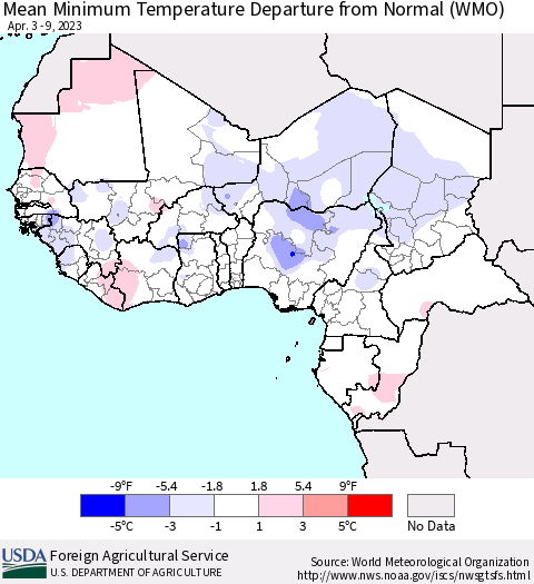 Western Africa Mean Minimum Temperature Departure from Normal (WMO) Thematic Map For 4/3/2023 - 4/9/2023