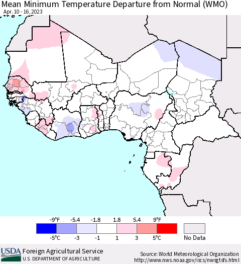Western Africa Mean Minimum Temperature Departure from Normal (WMO) Thematic Map For 4/10/2023 - 4/16/2023