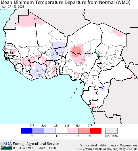 Western Africa Mean Minimum Temperature Departure from Normal (WMO) Thematic Map For 4/17/2023 - 4/23/2023