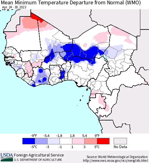 Western Africa Mean Minimum Temperature Departure from Normal (WMO) Thematic Map For 4/24/2023 - 4/30/2023