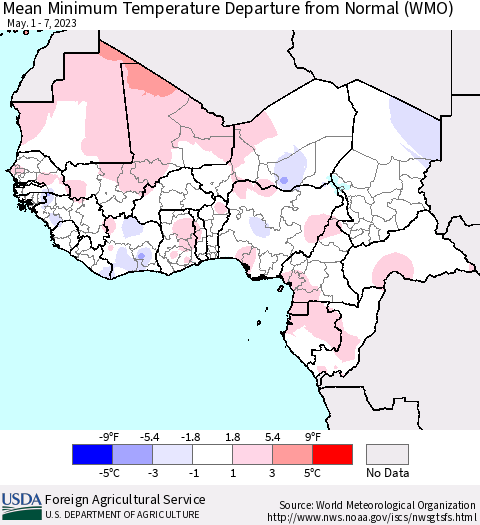 Western Africa Mean Minimum Temperature Departure from Normal (WMO) Thematic Map For 5/1/2023 - 5/7/2023