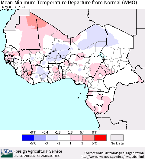 Western Africa Mean Minimum Temperature Departure from Normal (WMO) Thematic Map For 5/8/2023 - 5/14/2023