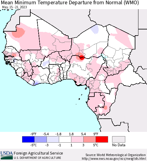 Western Africa Mean Minimum Temperature Departure from Normal (WMO) Thematic Map For 5/15/2023 - 5/21/2023