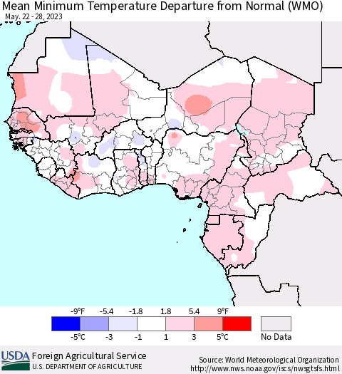 Western Africa Mean Minimum Temperature Departure from Normal (WMO) Thematic Map For 5/22/2023 - 5/28/2023