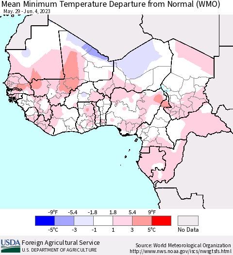 Western Africa Mean Minimum Temperature Departure from Normal (WMO) Thematic Map For 5/29/2023 - 6/4/2023