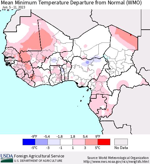 Western Africa Mean Minimum Temperature Departure from Normal (WMO) Thematic Map For 6/5/2023 - 6/11/2023