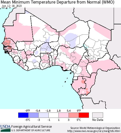 Western Africa Mean Minimum Temperature Departure from Normal (WMO) Thematic Map For 6/12/2023 - 6/18/2023