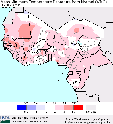 Western Africa Mean Minimum Temperature Departure from Normal (WMO) Thematic Map For 6/19/2023 - 6/25/2023