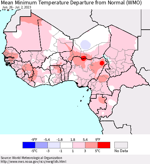 Western Africa Mean Minimum Temperature Departure from Normal (WMO) Thematic Map For 6/26/2023 - 7/2/2023