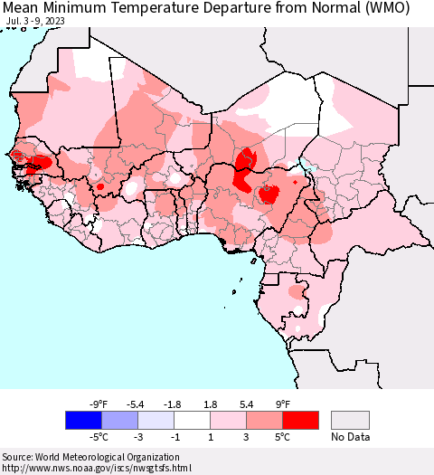 Western Africa Mean Minimum Temperature Departure from Normal (WMO) Thematic Map For 7/3/2023 - 7/9/2023