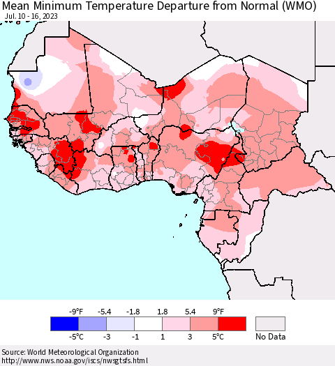 Western Africa Mean Minimum Temperature Departure from Normal (WMO) Thematic Map For 7/10/2023 - 7/16/2023
