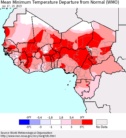 Western Africa Mean Minimum Temperature Departure from Normal (WMO) Thematic Map For 7/17/2023 - 7/23/2023
