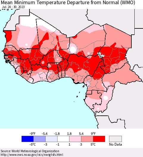 Western Africa Mean Minimum Temperature Departure from Normal (WMO) Thematic Map For 7/24/2023 - 7/30/2023