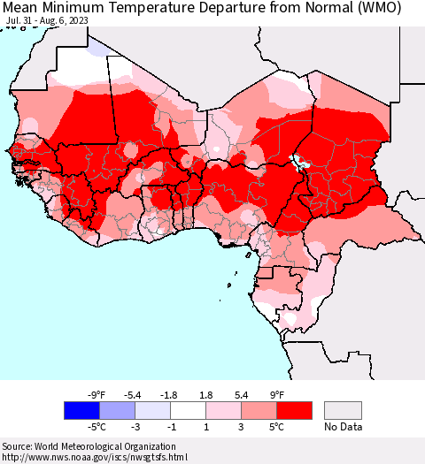 Western Africa Mean Minimum Temperature Departure from Normal (WMO) Thematic Map For 7/31/2023 - 8/6/2023