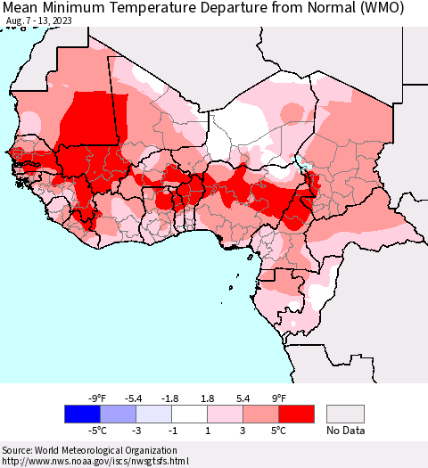 Western Africa Mean Minimum Temperature Departure from Normal (WMO) Thematic Map For 8/7/2023 - 8/13/2023
