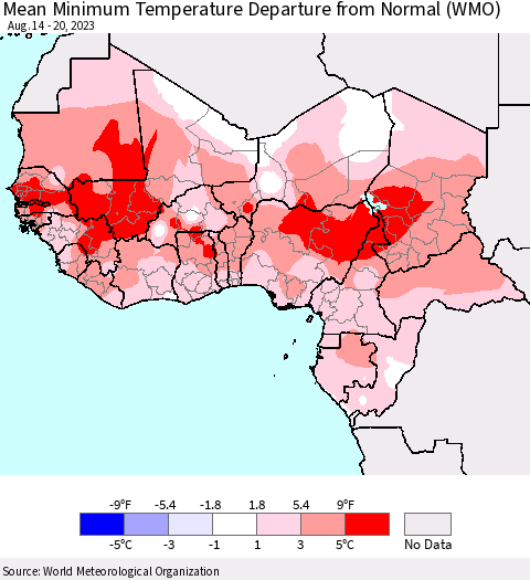 Western Africa Mean Minimum Temperature Departure from Normal (WMO) Thematic Map For 8/14/2023 - 8/20/2023