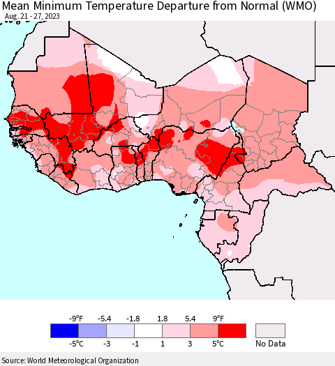 Western Africa Mean Minimum Temperature Departure from Normal (WMO) Thematic Map For 8/21/2023 - 8/27/2023