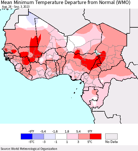 Western Africa Mean Minimum Temperature Departure from Normal (WMO) Thematic Map For 8/28/2023 - 9/3/2023