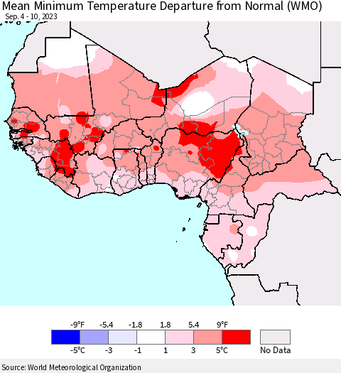 Western Africa Mean Minimum Temperature Departure from Normal (WMO) Thematic Map For 9/4/2023 - 9/10/2023