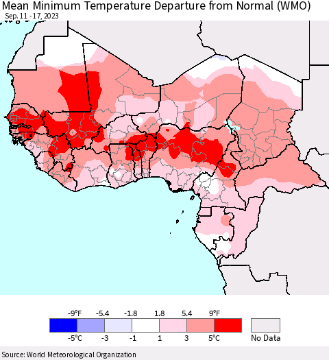 Western Africa Mean Minimum Temperature Departure from Normal (WMO) Thematic Map For 9/11/2023 - 9/17/2023
