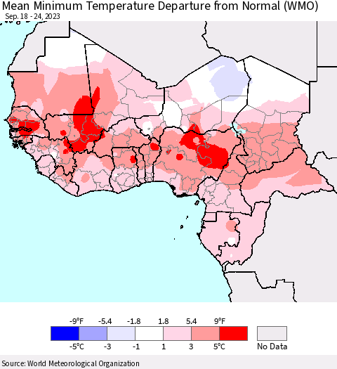 Western Africa Mean Minimum Temperature Departure from Normal (WMO) Thematic Map For 9/18/2023 - 9/24/2023