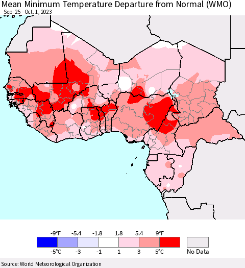 Western Africa Mean Minimum Temperature Departure from Normal (WMO) Thematic Map For 9/25/2023 - 10/1/2023