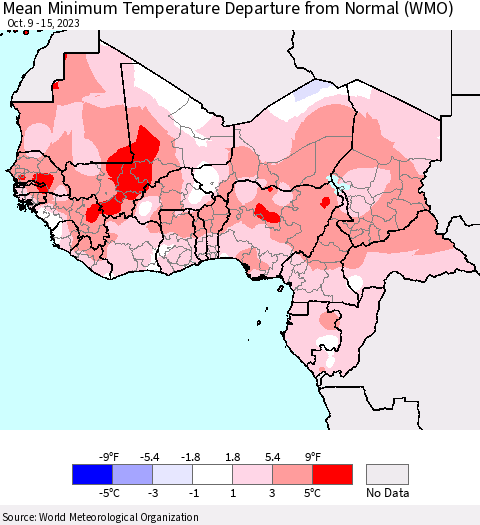 Western Africa Mean Minimum Temperature Departure from Normal (WMO) Thematic Map For 10/9/2023 - 10/15/2023