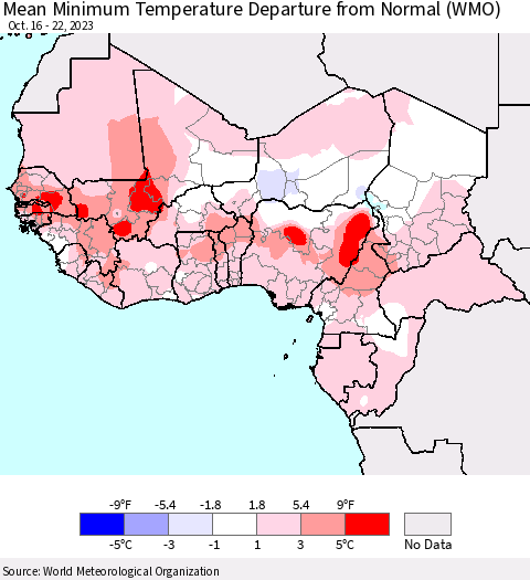 Western Africa Mean Minimum Temperature Departure from Normal (WMO) Thematic Map For 10/16/2023 - 10/22/2023
