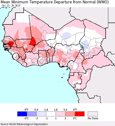 Western Africa Mean Minimum Temperature Departure from Normal (WMO) Thematic Map For 10/23/2023 - 10/29/2023