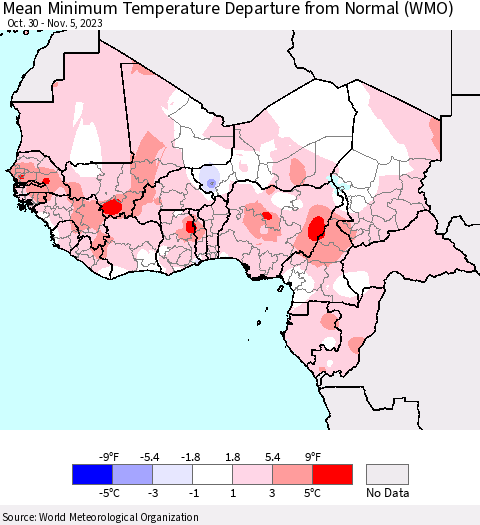 Western Africa Mean Minimum Temperature Departure from Normal (WMO) Thematic Map For 10/30/2023 - 11/5/2023