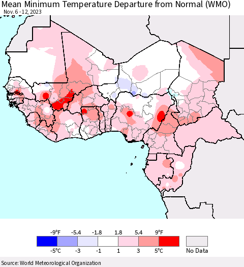 Western Africa Mean Minimum Temperature Departure from Normal (WMO) Thematic Map For 11/6/2023 - 11/12/2023