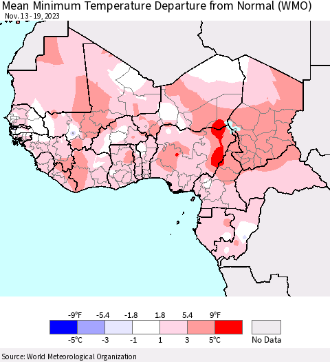 Western Africa Mean Minimum Temperature Departure from Normal (WMO) Thematic Map For 11/13/2023 - 11/19/2023