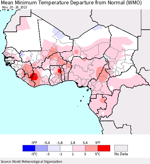 Western Africa Mean Minimum Temperature Departure from Normal (WMO) Thematic Map For 11/20/2023 - 11/26/2023