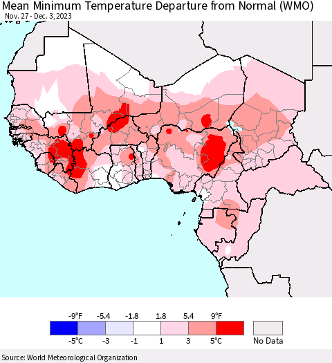 Western Africa Mean Minimum Temperature Departure from Normal (WMO) Thematic Map For 11/27/2023 - 12/3/2023