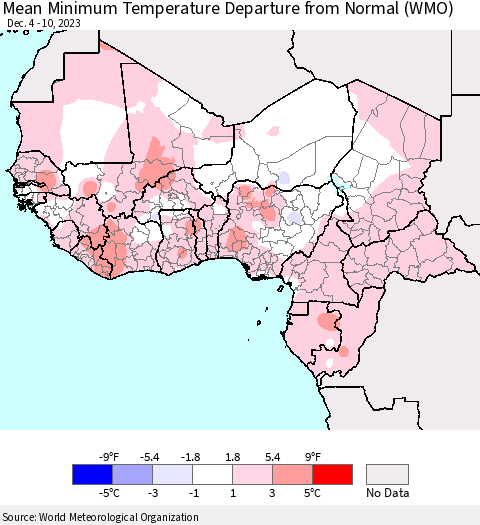 Western Africa Mean Minimum Temperature Departure from Normal (WMO) Thematic Map For 12/4/2023 - 12/10/2023