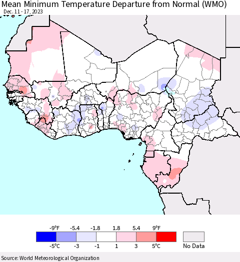 Western Africa Mean Minimum Temperature Departure from Normal (WMO) Thematic Map For 12/11/2023 - 12/17/2023