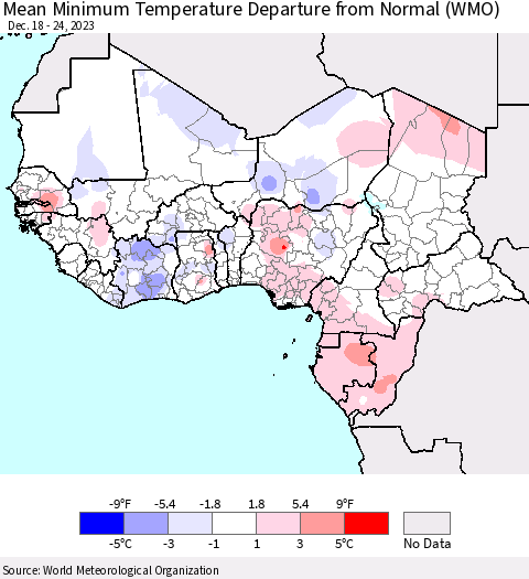 Western Africa Mean Minimum Temperature Departure from Normal (WMO) Thematic Map For 12/18/2023 - 12/24/2023