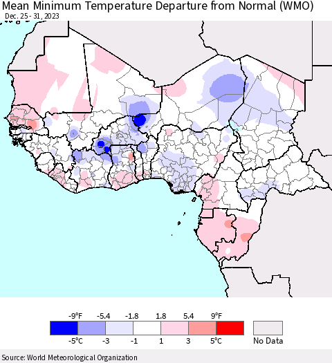 Western Africa Mean Minimum Temperature Departure from Normal (WMO) Thematic Map For 12/25/2023 - 12/31/2023