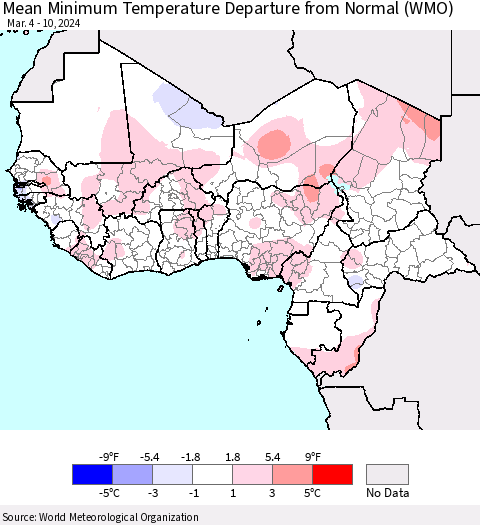 Western Africa Mean Minimum Temperature Departure from Normal (WMO) Thematic Map For 3/4/2024 - 3/10/2024