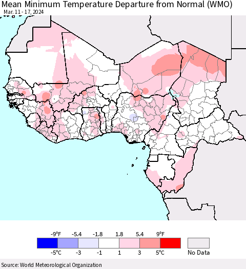 Western Africa Mean Minimum Temperature Departure from Normal (WMO) Thematic Map For 3/11/2024 - 3/17/2024