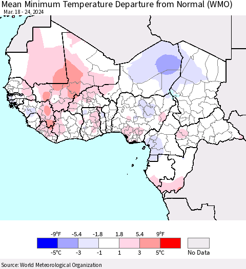 Western Africa Mean Minimum Temperature Departure from Normal (WMO) Thematic Map For 3/18/2024 - 3/24/2024