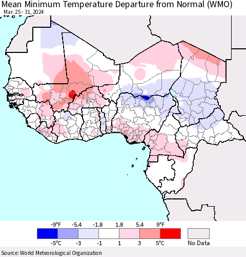 Western Africa Mean Minimum Temperature Departure from Normal (WMO) Thematic Map For 3/25/2024 - 3/31/2024